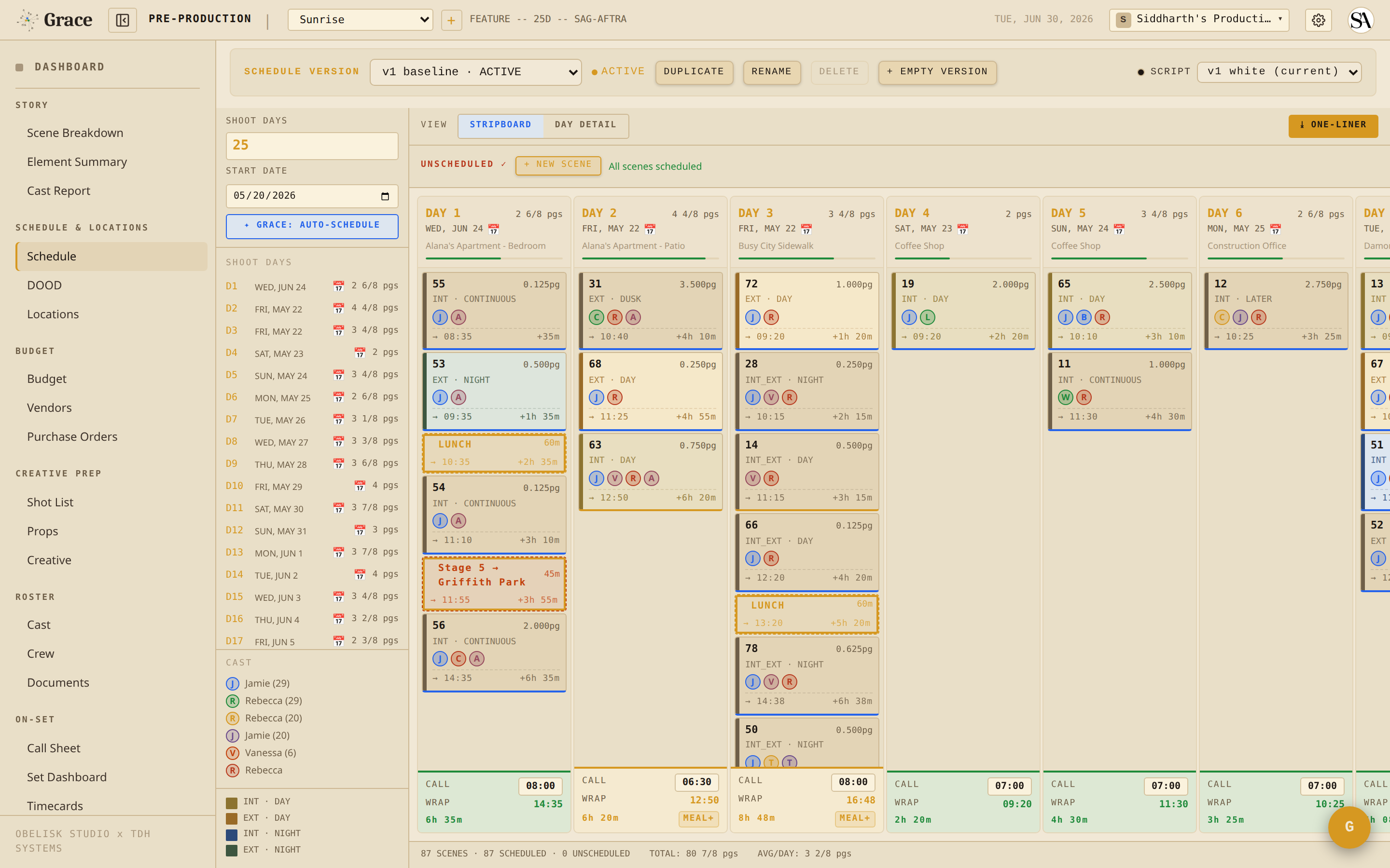 A schedule day board showing the warm-day / cool-night strip palette across INT and EXT scenes