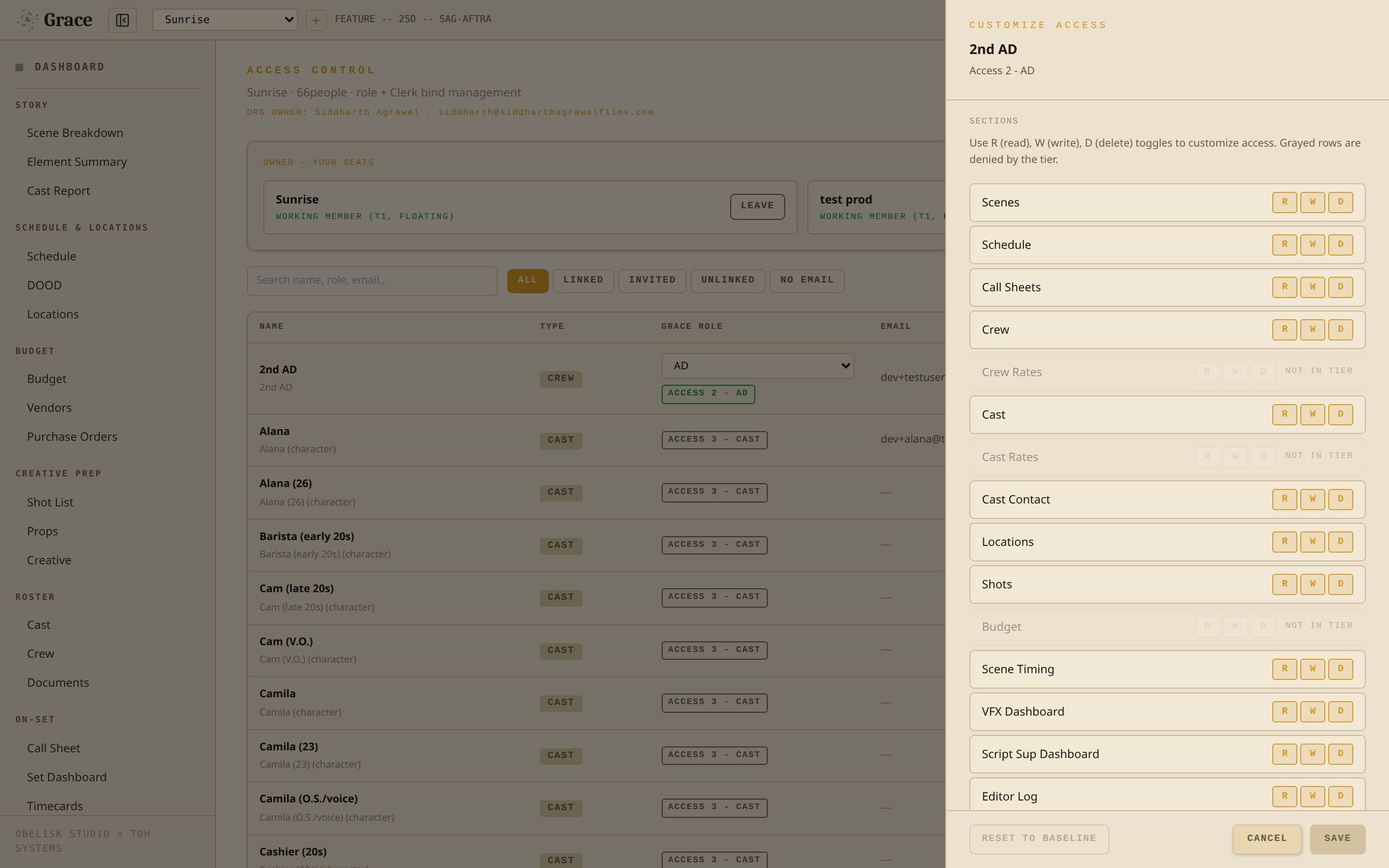 The CUSTOMIZE dialog with per-section None / Read / Write / Full selectors, each clamped to the tier ceiling
