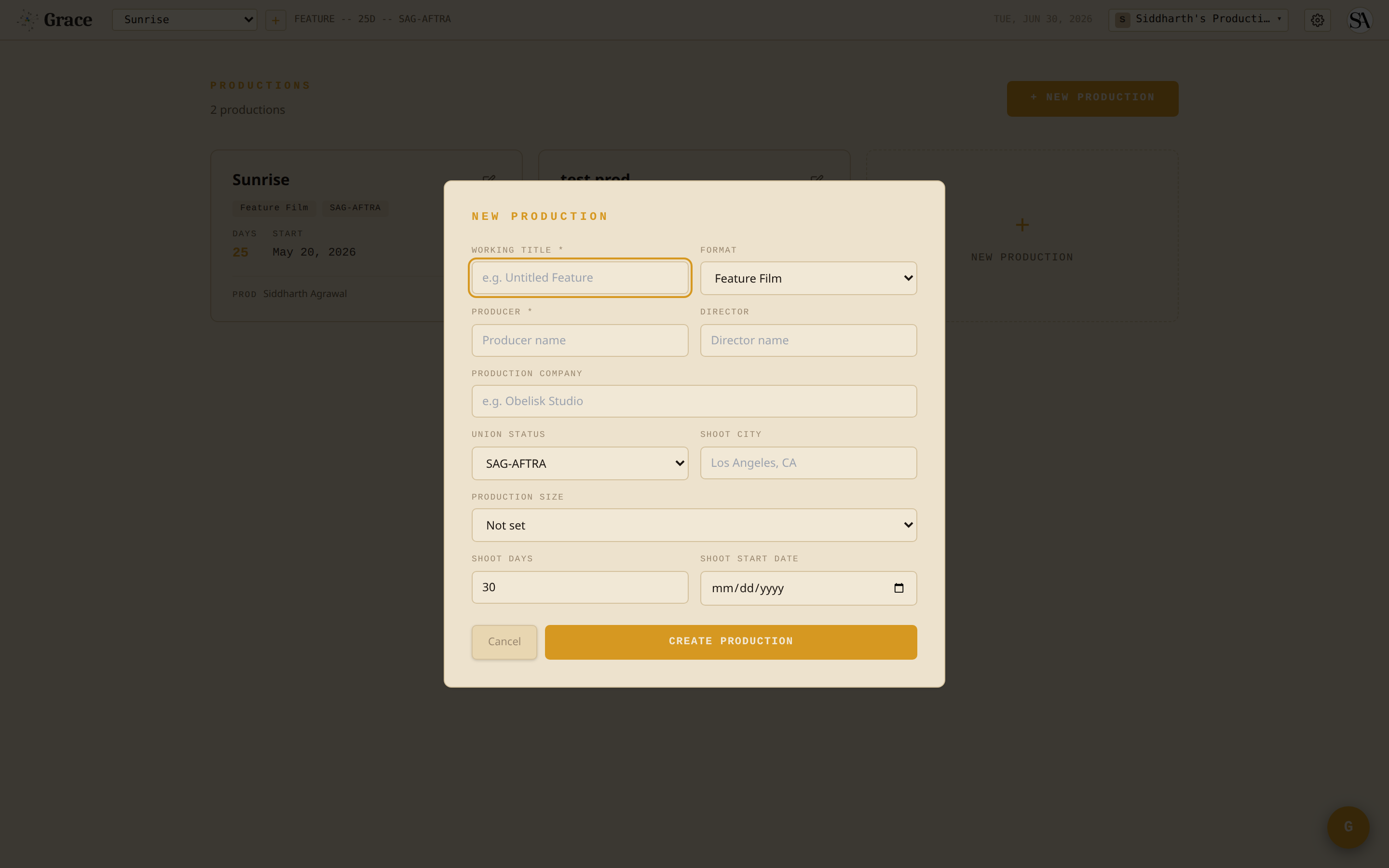 New Production modal