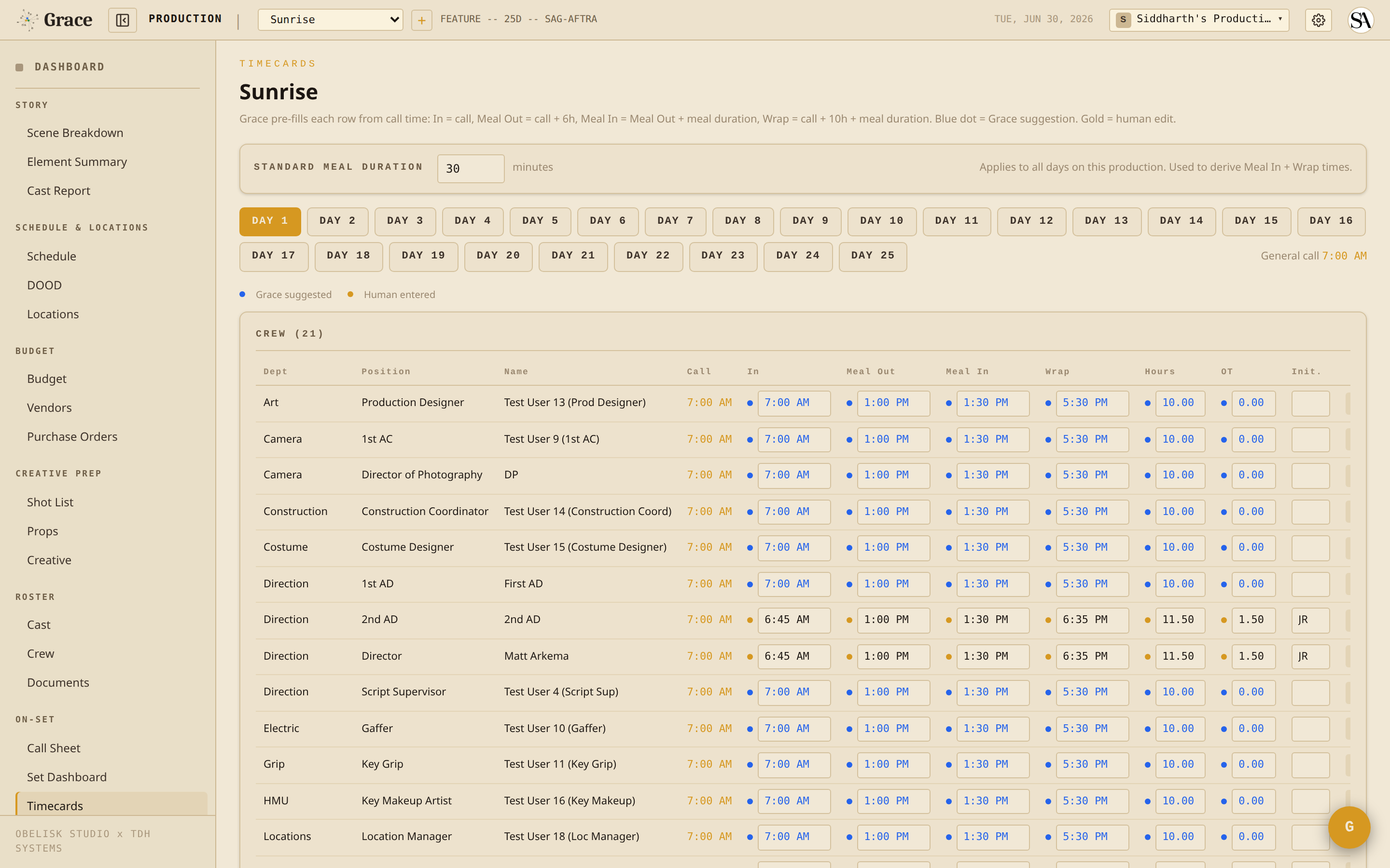 Timecards cast section